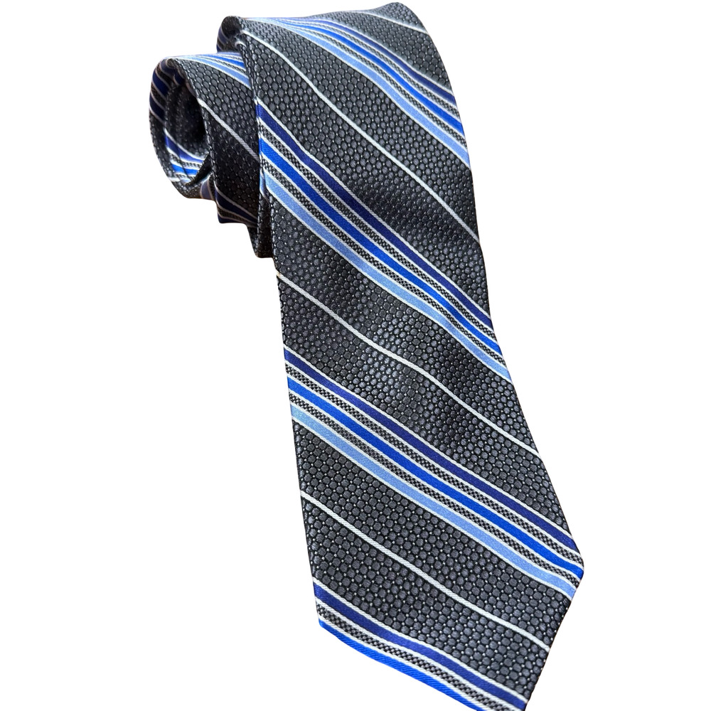 Pronto Uomo Blue Black Gray Striped Neck Tie Necktie Silk 3" x 60" Hand Made